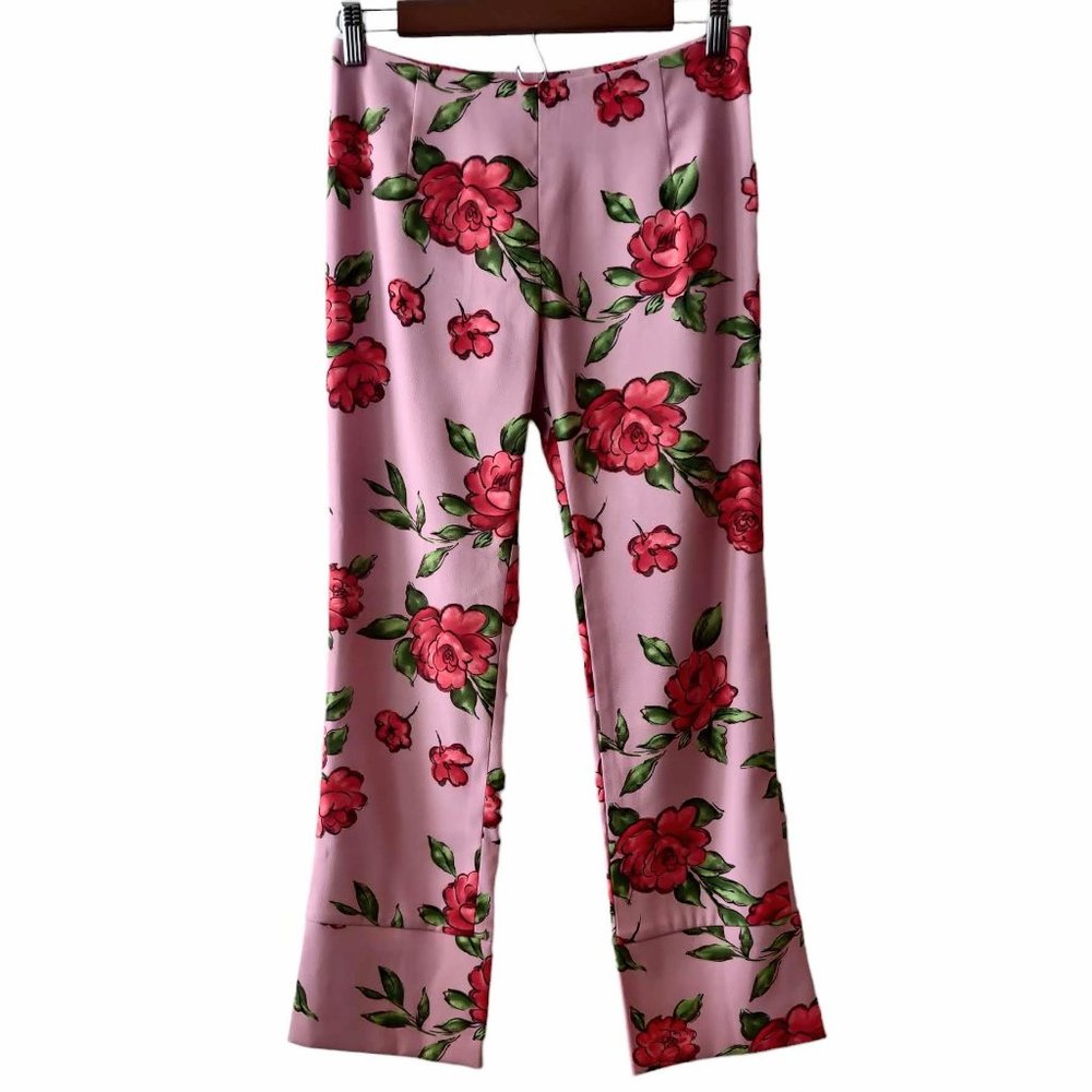 Jesus Diamante Womens Pink Allover Red Roses Back Slit Cuff Straight Pants XS